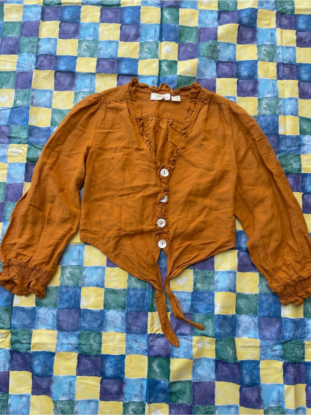 Maeve Rust Tie-Front Ruffle Blouse